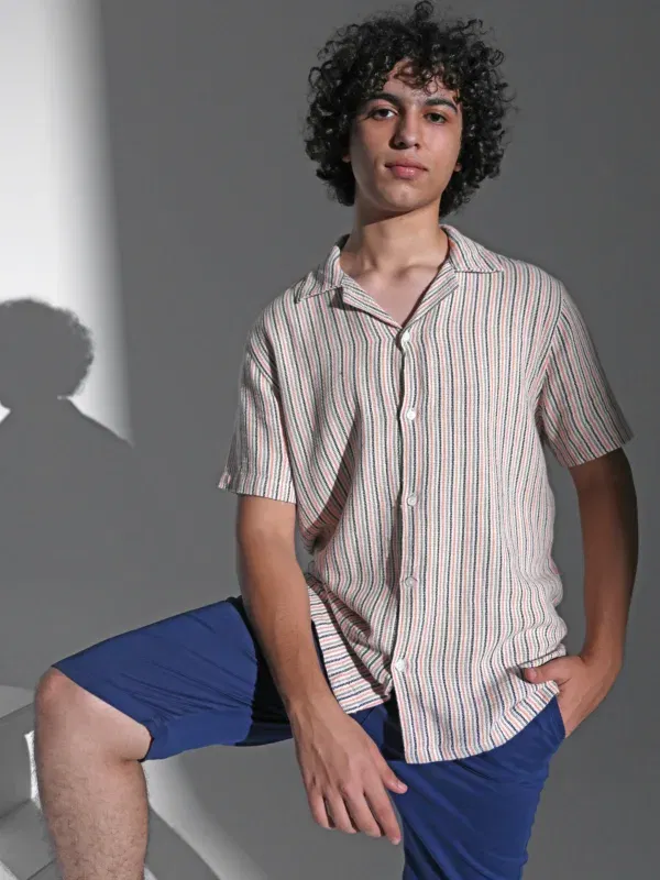 Coup - Men's Linen Textured Striped Shirt with Short Sleeves