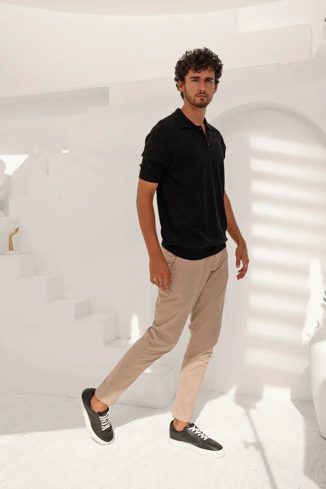 Textured Polo Neck T-shirt - Regular Cut Textured Polo Neck T-shirt - Regular Cut