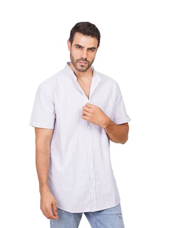 Coup Collection - Striped Half-Sleeve Shirt With Buttoned Mandarin Collar