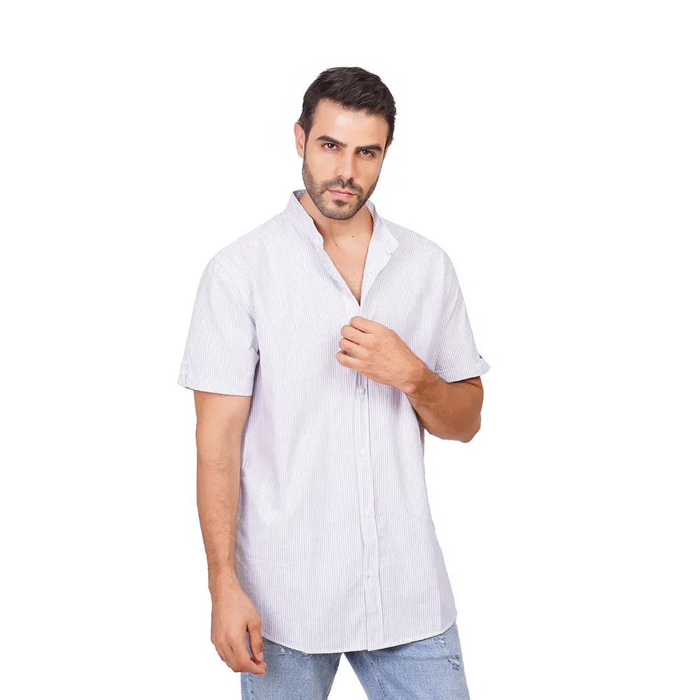 Coup Collection - Striped Half-Sleeve Shirt With Buttoned Mandarin Collar Coup Collection - Striped Half-Sleeve Shirt With Buttoned Mandarin Collar
