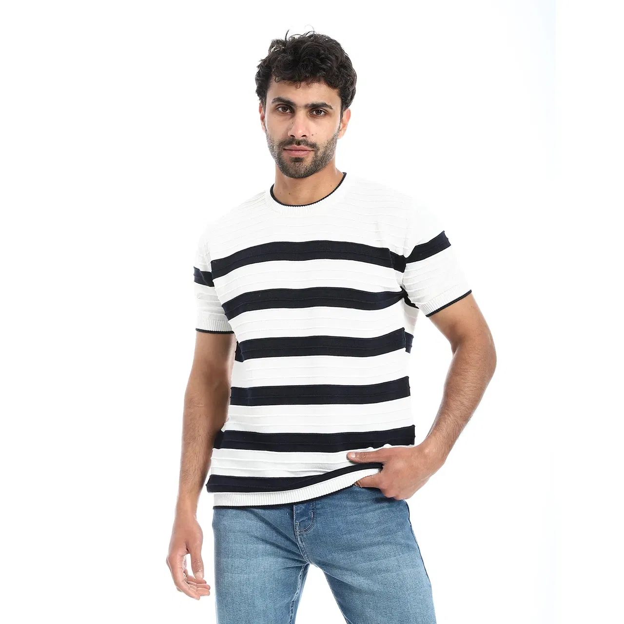 Coup - Striped Woven Crew Neck T-Shirt - Regular Fit Coup - Striped Woven Crew Neck T-Shirt - Regular Fit