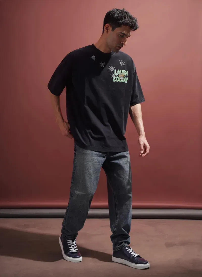 Coup Collection - Anthracite Faded Effect Oversize Cotton T-Shirt