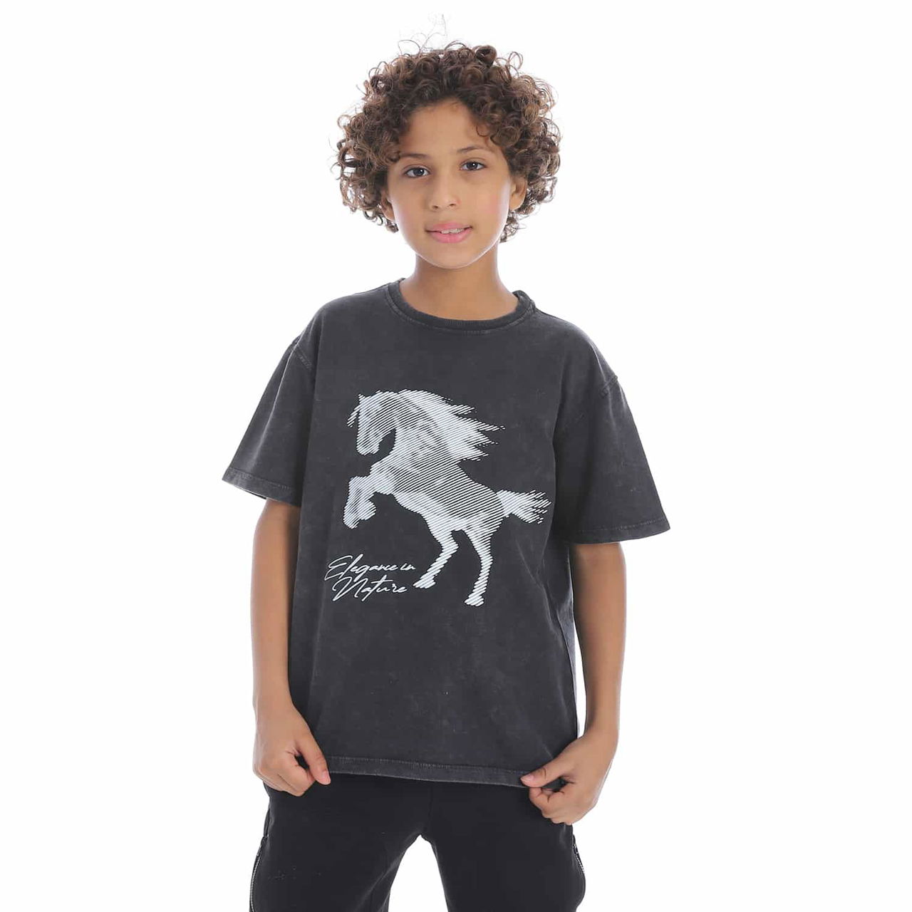 Boy Washed Grey Printed Loose Fit Half Sleeves T-Shirt