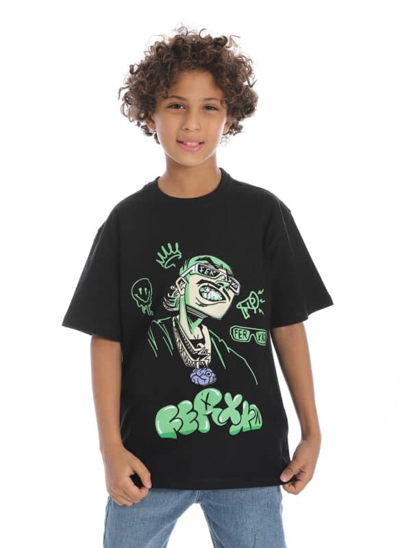 Coup - Boy Black Printed Loose Fit Half Sleeves T-Shirt