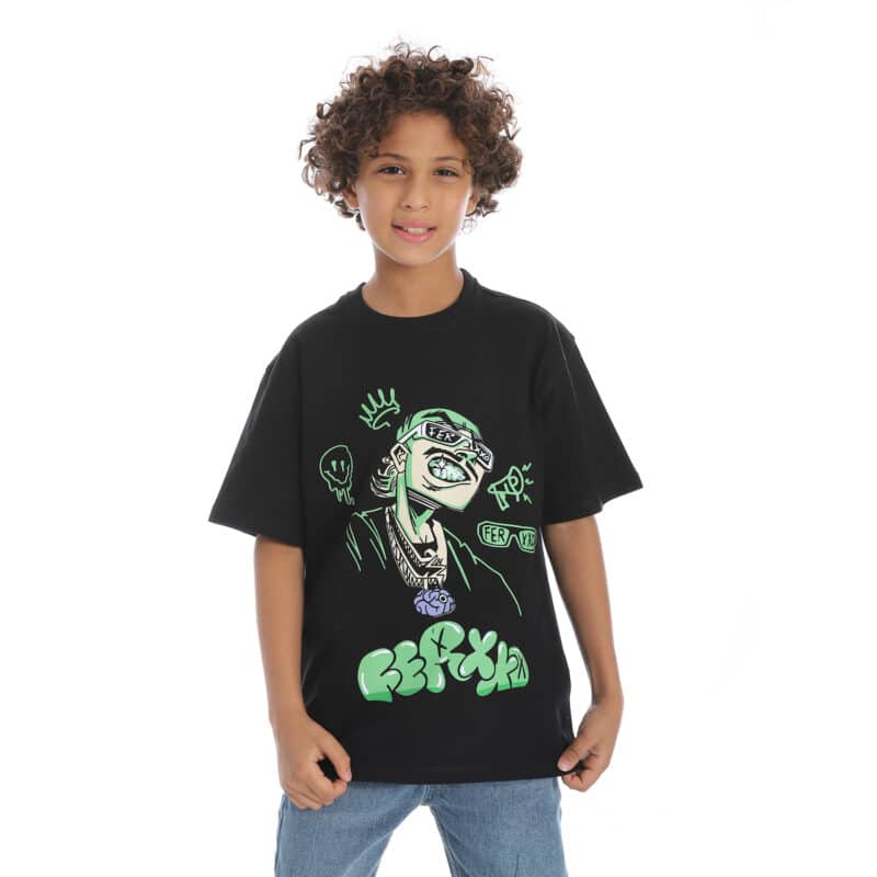 Coup - Boy Black Printed Loose Fit Half Sleeves T-Shirt