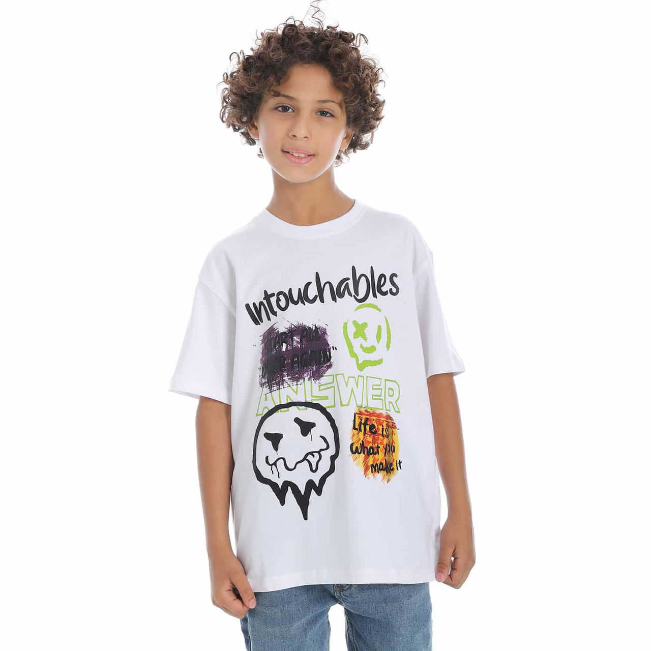 Coup - Boy White Printed Loose Fit Half Sleeves T-Shirt