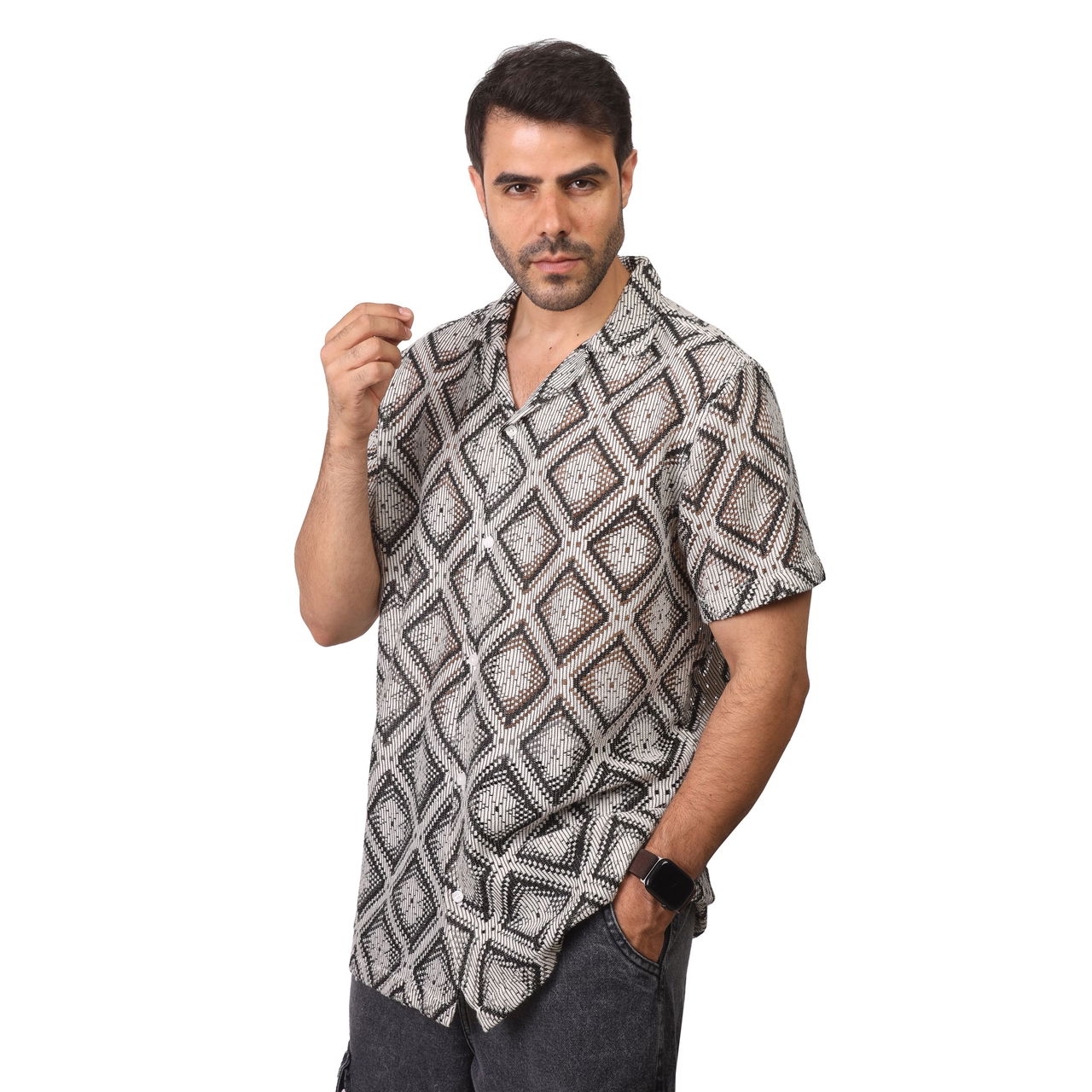 Coup - Regular Fit Short Sleeve Apache Collar Knitwear Textured Shirt