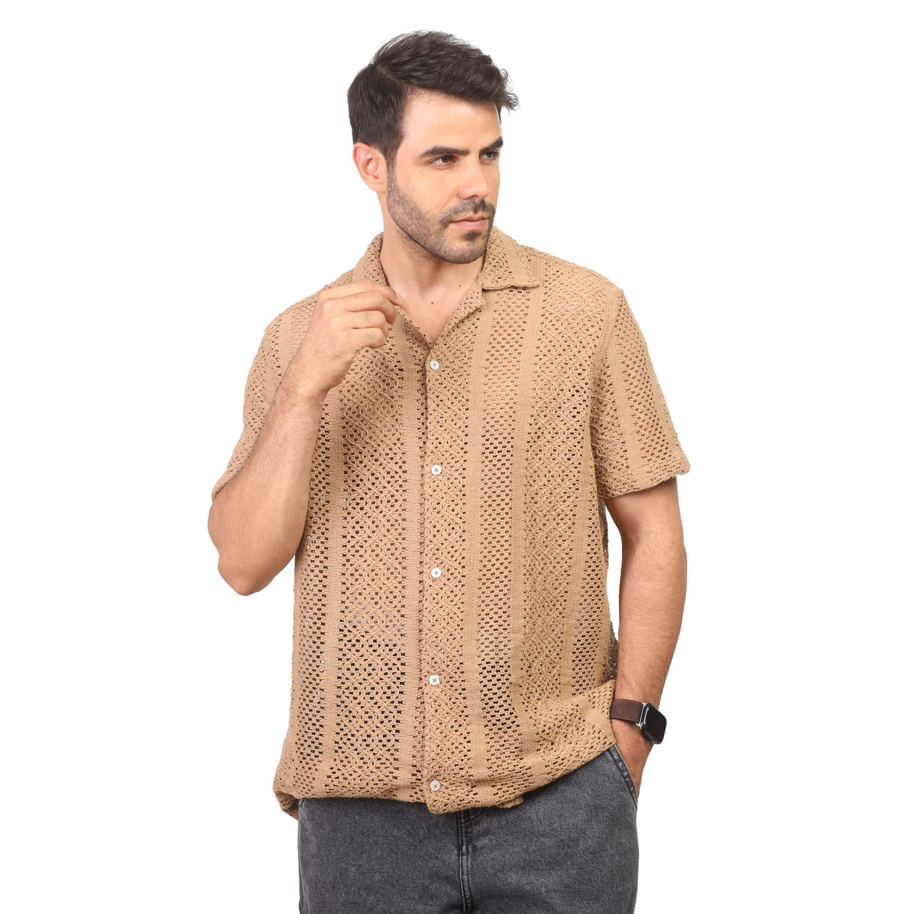 Coup - Mesh Panelled Button Up Shirt With Short Sleeves