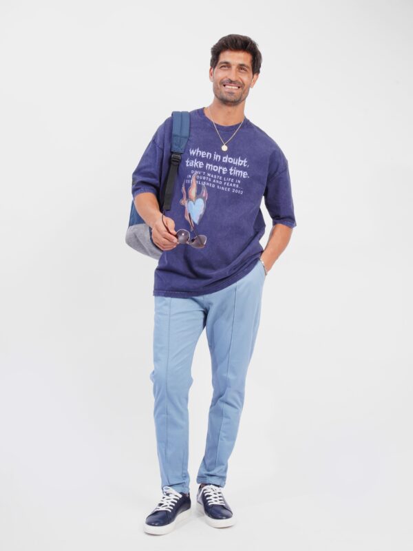 Coup - Washed Navy Printed Loose Fit Half Sleeves T-Shirt