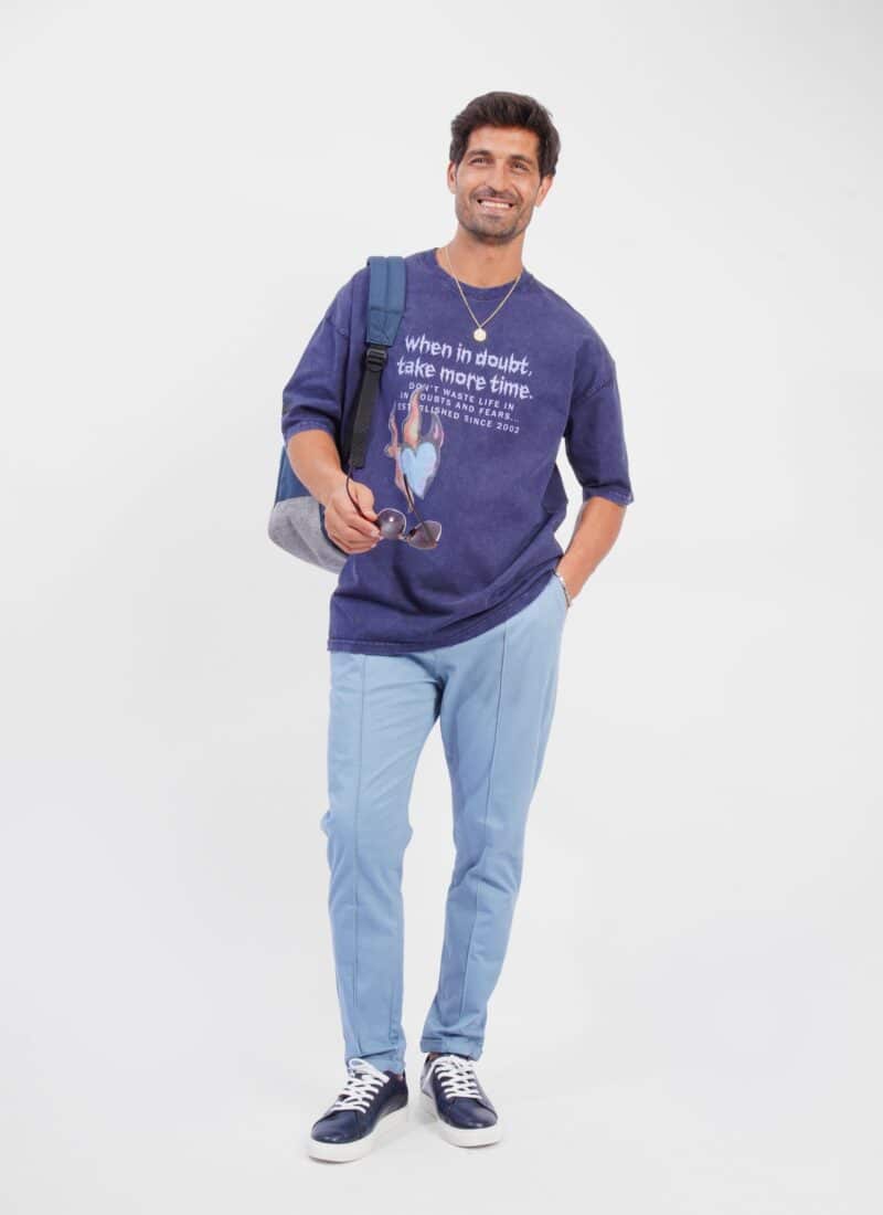 Coup - Washed Navy Printed Loose Fit Half Sleeves T-Shirt